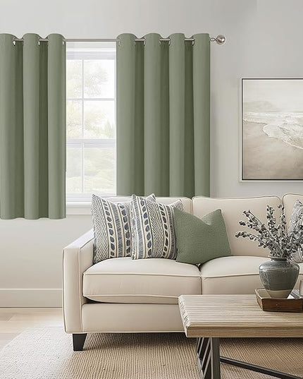 ChrisDowa 100% Blackout sage Solid Curtains 54 Inches Long 2 Panels for Bedroom Living Room,Farmhouse Room Darkening Thermal Insulated Soundproof Grommet Top Window Treatment Drapes,52x54