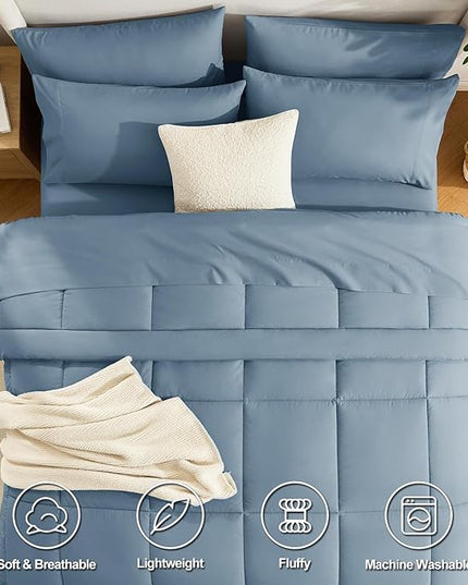CozyLux King Size Comforter Set Mineral Blue, 7 Pieces Bed in a Bag, Blue Comforter King Size, All Season Bedding Sets with Stitch Quilted Comforter, Flat Sheet, Fitted Sheet, Pillowcases