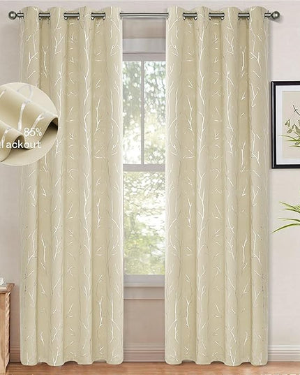 BUHUA Black Out Curtains 108 Inch Long 2 Panels, Soundproof Curtains with Elegant Silver Tree Branches Print, Heat Blocking Curtains for Livingroom, 52W x 108L, Beige