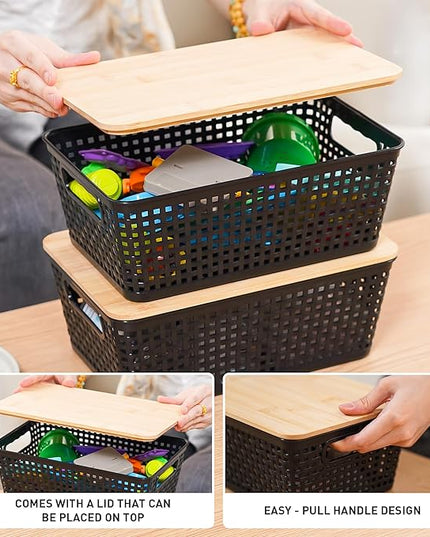 Storage Bins with Lids 8 Packs, Plastic Storage Bins with Bamboo Lids for Pantry Organization and Storage Containers for Shelves Drawers Desktop Closet Playroom Classroom Office Home, Black