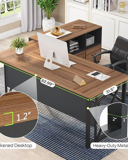 Tribesigns 63 inches Computer Desk, Modern Home Office Desk Writing Table for Workstation, Dark Walnut + Steel Leg, Cabinet not Included (Walnut, 63-inch)