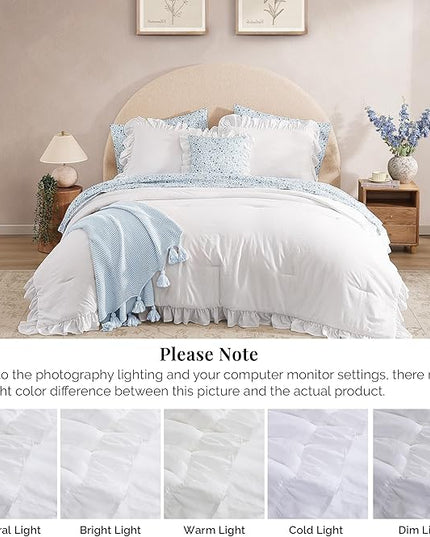 Queen Comforter Set - 7 Pieces Ruffle White Bedding Sets, Shabby Chic Farmhouse Bed in a Bag Queen with Ruffle Comforter, Floral Sheets, Pillowcases & Shams