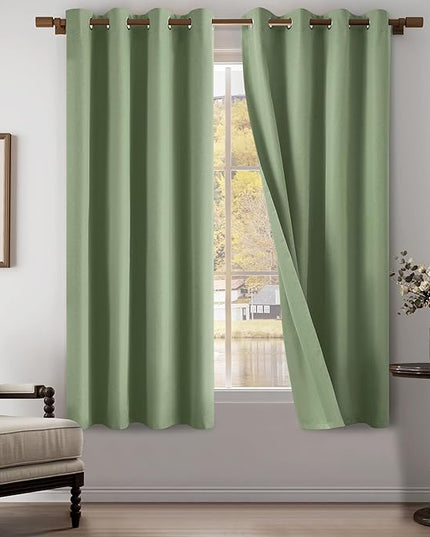 Green 100% Blackout Linen Textured Curtains for Living Room, Bedroom, Light Weight Curtains with Grommets Top, Full Blackout Curtains Privacy Protection, Green, 52" W x 72" L, 2 Panels