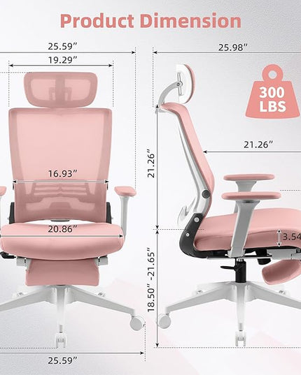 Foldable Office Chair with Foot Rest, Ergonomic Office Chair with Adjustable Lumbar Support, Headrest, Armrest, Home Office Desk Chair for Space Saving, Work from Home, Pink