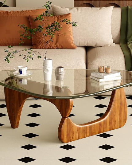 Coffee Table for Living Room Mid Century Modern Center Table with Glass Top, Walnut Transparent