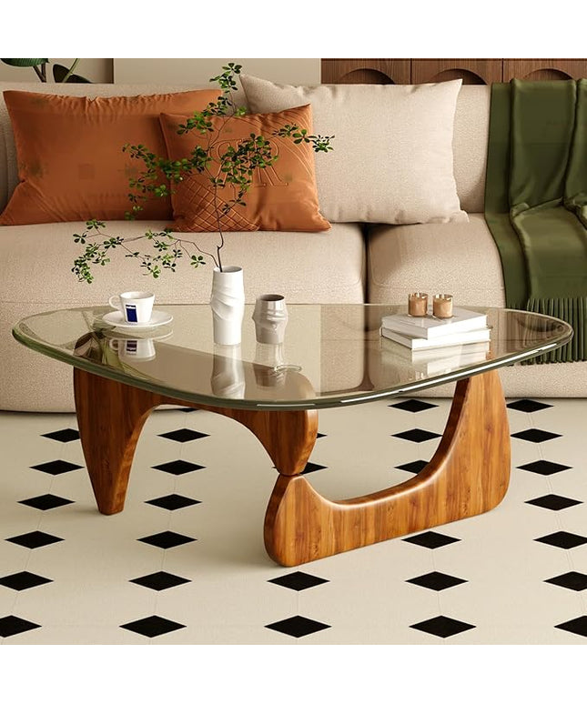 Coffee Table for Living Room Mid Century Modern Center Table with Glass Top, Walnut Transparent