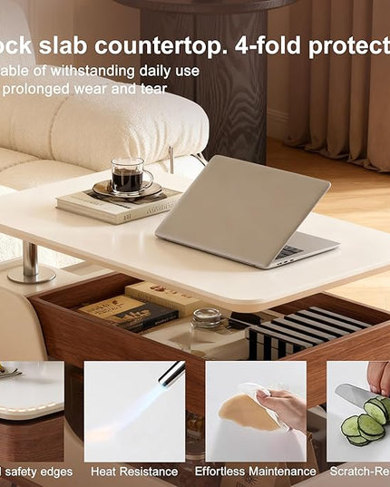 Lift Top Coffee Table with Storage, Small Rolling Side Table/NightStand Table for Living Room Kitchen Bedroom Small Apartment (White + Walnut)