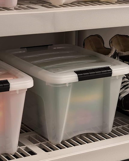 IRIS USA 19 Qt Stackable Plastic Storage Bins with Lids, 6 Pack - BPA-Free, Made in USA - Discreet Organizing Solution, Latches, Durable Nestable Containers, Secure Pull Handle - Pearl