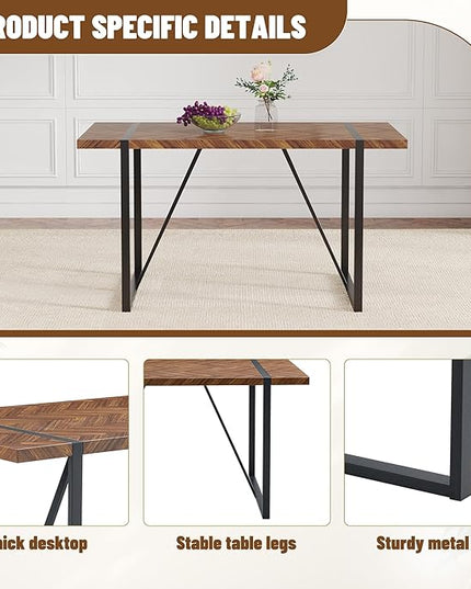 FURNITO 55" Modern Dining Table for 4–6, Rectangular Dark Wood Table with Black Metal Legs, Farmhouse Kitchen Dining Table for Home or Apartment, Durable & Easy Assembly Design