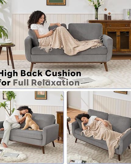 Tbfit Corduroy Couch for Living Room, Mid Century Modern Sofa with Spring Cusions for Bedroom,Comfy Upholstered Couches Easy Assembly with Solid Wood Legs & 2 Pillows (Grey, 65inch)
