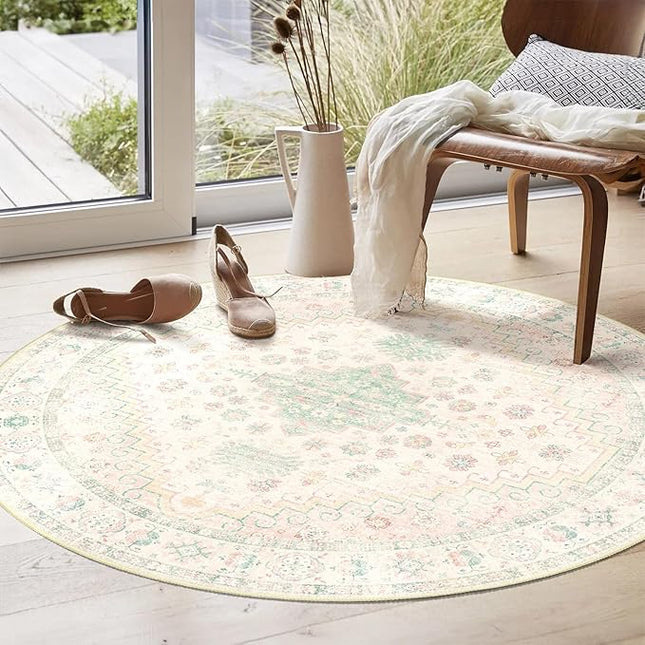 MUJOO Round Rug 4ft,Small Cicle Area Rug Washable,Circular Rugs for Entryway Bedroom Kitchen,Boho Non Slip Throw Carpet Light Pink and Green