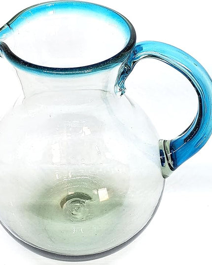 Aqua Blue Rim 120 oz Large Bola Pitcher, Recycled Glass, Lead-free, Toxin-Free (Pitcher)