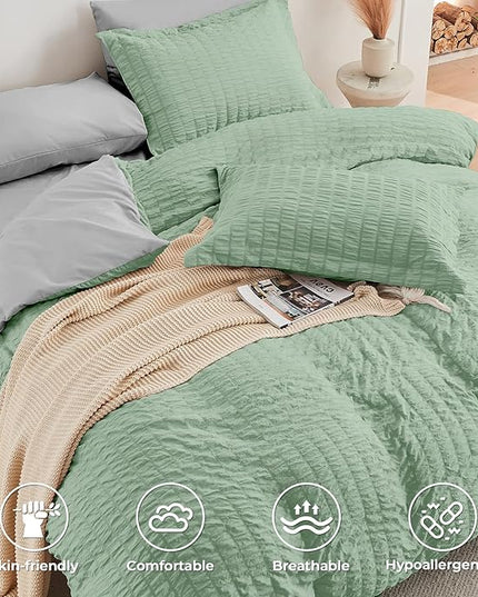 HYMOKEGE Sage Green/Light Grey Full Size Comforter Sets Seersucker 7 Pieces, All Season Luxury Bed in a Bag for Bedroom, Bedding Set with Comforter, Sheets, Pillowcases & Shams