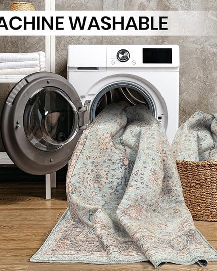 GLN Rugs Traditional Collection - Machine Washable Area Rug, Traditional Washable, Non Slip, Low Pile Chenille Rug, Living Room, Bedroom, Kitchen Rug (2'x3' Blue Floral)