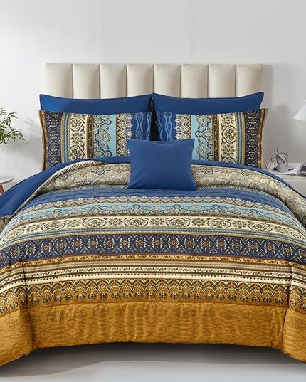 Cottolester Boho King Comforter Set 8 Pieces,Brown Blue Bohemian Comforter Paisley Striped Bed in A Bag,Soft Microfiber Bedding Set for All Season