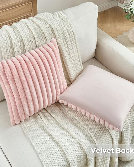 FUTEI Pink Throw Pillow Covers Set of 2, 18x18 Inch Striped Texture Cushion Cases with Soft Faux Rabbit Fur Front & Velvet Back, Modern Decorative Couch Pillows for Living Room