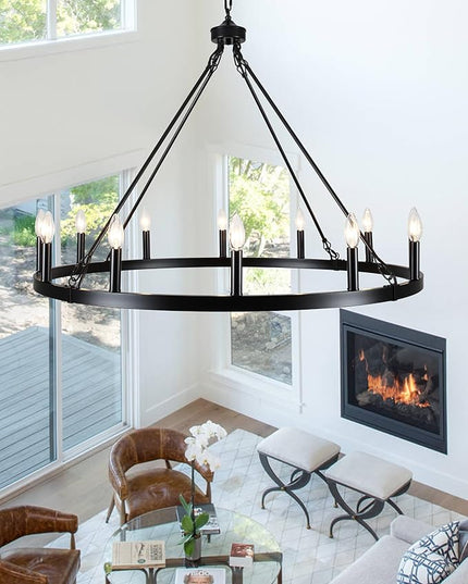 12-Light Black Wagon Wheel Chandelier for Dining Room Farmhouse Pendant Light Fixtures Outdoor for Rustic High Ceilings Round Chandeliers for Living Room Entryway Foyer Kitchen Island,38",E12
