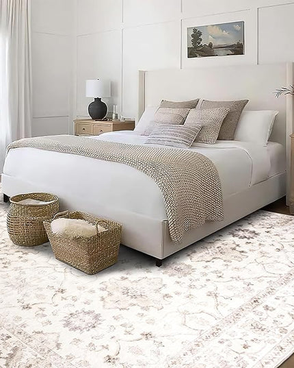 ReaLife Rugs Machine Washable Area Rug - Living Room Bedroom Bathroom Kitchen Entryway Office - Padded Low Pile Stain Resistant Premium - Boho Farmhouse Vintage - BEV - Beige 5' x 7'