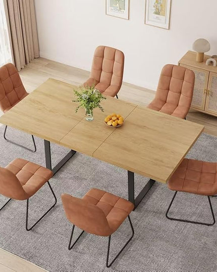 ZckyCine 7-Piece Modern Dining Set, 67" Expandable Oak Dining Table with 6 Brown Faux Leather Upholstered Chairs, Extendable Kitchen Table Set for 6, Scratch-Resistant, Easy Assembly