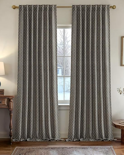 MIULEE Decorative Back Tab Linen Curtains with Geometric Pattern for Living Room Bedroom Farmhouse Rustic Thick Woven Textured Patterned Floor to Ceiling Drapes 102 Inch Long 2 Panels, Dark Grey