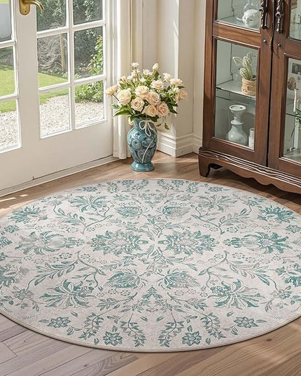 jinchan Torino Classic Floral Round Rug 5ft Vintage-Inspired Design 5’Circle Rug Machine Washable Ultra-Thin Low-Pile Non-Slip Indoor Carpet for Bedroom Dining Room Living Room Entryway