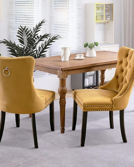 SoarFlash Velvet Dining Chairs Set of 2, Tall Back Side Chair, Modern Upholstered High-end Tufted Side Chair with Button Back Ring, Solid Wood Legs (Gold)