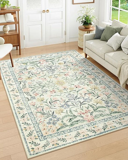 Wonnitar Washable 6x9 Area Rugs, Soft Floral Rug for Bedroom Kids Playroom Light Colored Carpet, Non Slip Ultra-Thin Indoor Beige Carpet for Living Room Classroom Office