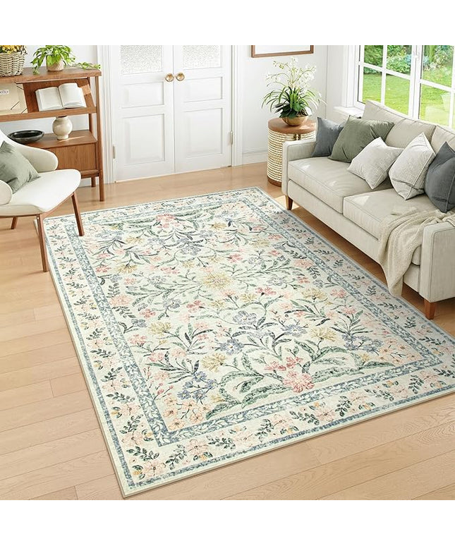 Wonnitar Washable 6x9 Area Rugs, Soft Floral Rug for Bedroom Kids Playroom Light Colored Carpet, Non Slip Ultra-Thin Indoor Beige Carpet for Living Room Classroom Office