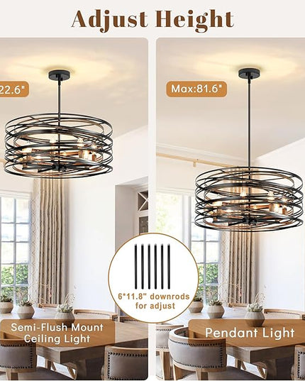 Black Farmhouse Chandelier,23.6" Drum Chandelier Farmhouse Chandeliers for Dining Room Wood Grain Metal Large Dining Room Light Fixture Pendant Light Fixtures for Kitchen Living Room Bedroom Entryway