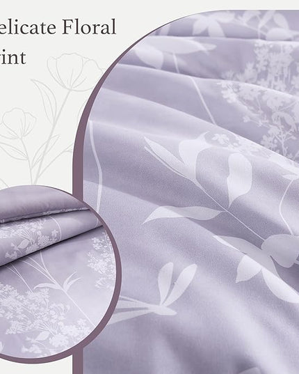 King Comforter Set -7 Pieces Floral Purple Comforter Set for All Seasons, Bed in a Bag King with Botanical Flowers Comforter, Sheets, Pillowcases & Shams