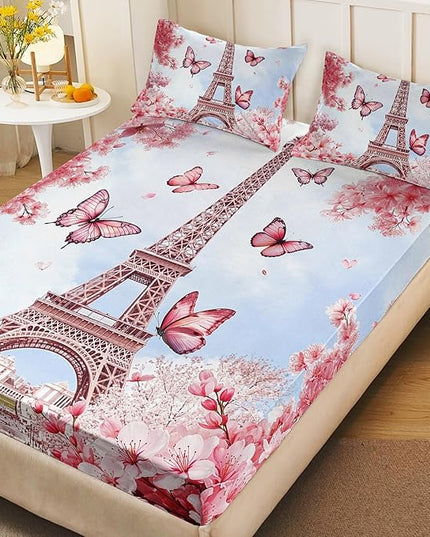 AILONEN Eiffel Tower Fitted Sheet Set for Kids,Girls,Pink Cherry Blossom Butterfly Theme Bedding Set Queen Size, Romantic Moments Bed Sheet Set,3-Piece 1 Sheet Set + 2 Pillowcases