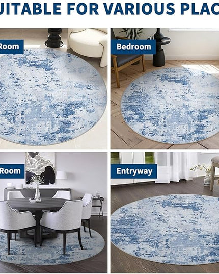 Modern Abstract 8x8 Round Area Rug Non Slip Non Shedding Rug Low Pile Stain Resistant for Bedroom Living Room Office Dining Room,Light Blue