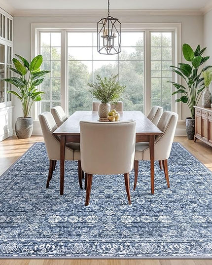 9x12 Area Rug, Blue Vintage Floral Large Washable Rug for Living Room Non-Slip Ultra Soft Bedroom Rugs Tribal Traditional Farmhouse Carpet for Dining Room Office Home Décor