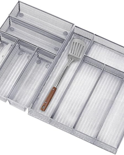 Neudeco Drawer Organizer Set 6 Pack - 5-Compartment Silverware Organizer Tray + 5 Utensil Trays, Kitchen Drawer Organizer for Flatware, Cutlery, Office Supplies, Silver Mesh, Non-Slip
