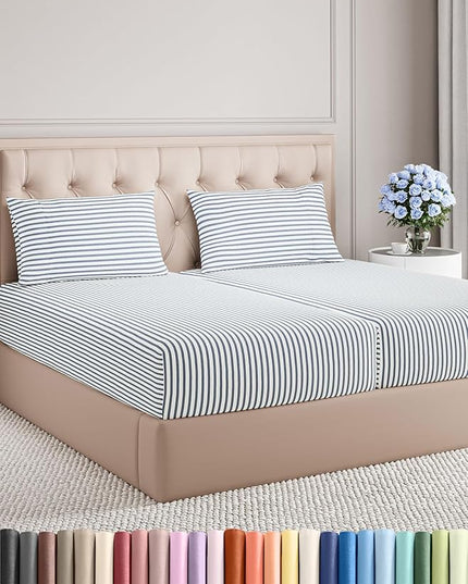 Split King Size 5 Piece Sheet Set - Comfy Breathable & Cooling Bed Sheets Set - Hotel Luxury Bedding for Women, Men, Kids, Teens, Boys & Girls - Deep Pockets & Wrinkle Free - Oeko-Tex - Blue Stripes 2