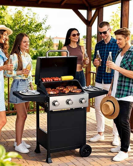 Veralune 3 Burner Propane Gas Grill, 36,000 BTU Stainless Steel Outdoor BBQ Grill with Built-In Thermometer, Lid, Foldable Side Shelves & Wheels for Patio, Garden & Backyard Cooking