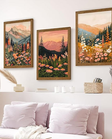 InspiredHues Large Colorful Landscape Boho Canvas Wall Art Set, 3 Piece Wildflower Mountain Wall Decor, Vintage Floral Rustic Nature Artwork Prints for Living Room Bedroom Office 20x30 In Wood Framed