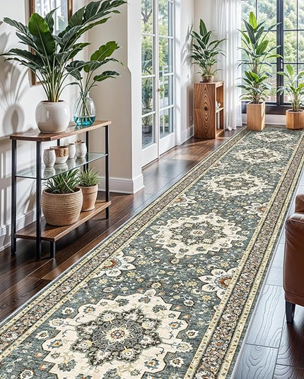 Washable Oriental Hallway Runner Rug - 3x16 Rugs for Living Room Soft Carpet for Bedroom Kitchen Waterproof Floral Distressed Indoor Stain Resistant Non-Shedding Floor Carpets (Blue, 3X16)