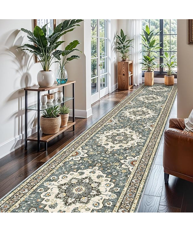 Washable Oriental Hallway Runner Rug - 3x16 Rugs for Living Room Soft Carpet for Bedroom Kitchen Waterproof Floral Distressed Indoor Stain Resistant Non-Shedding Floor Carpets (Blue, 3X16)