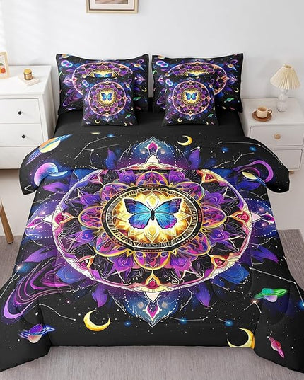 Feelyou Sun and Moon Kids Comforter Set 7 Pieces, Yoga Chakras Bedding Queen with 1 Comforter,1 Fitted Sheet,1 Flat Sheet,2 Pillowcases,2 Throw Pillow Cover, Boho Mandala Bed Set for Boys Girl