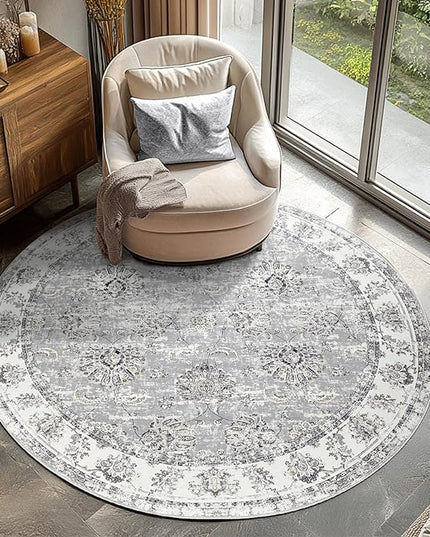 jinchan Fiora Round Rug 4ft Area Rugs Vintage Floral Distressed Design - Machine Washable Non-Slip Low-Pile Ultra-Thin Circle Rug for Entryway Bedside Living Room Dining Room Bedroom (4' Round, Grey)