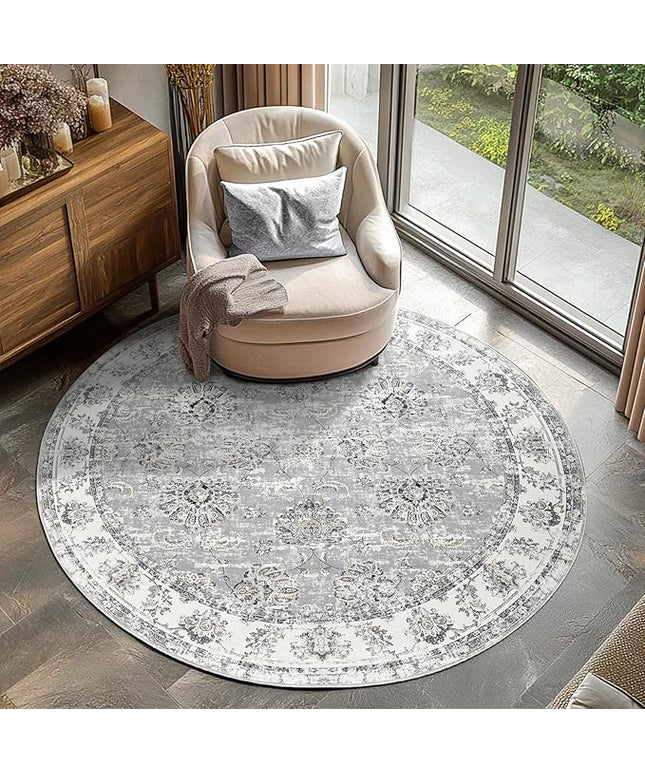 jinchan Fiora Round Rug 5ft Area Rugs Vintage Floral Distressed Design - Machine Washable Non-Slip Low-Pile Ultra-Thin Circle Rug for Entryway Bedside Living Room Dining Room Bedroom (5' Round, Grey)