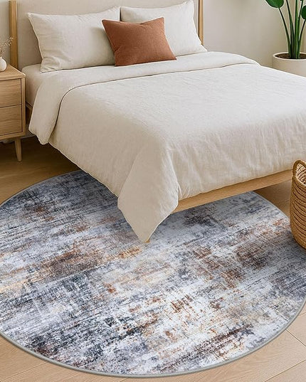 IOHOUZE Abstract Round Area Rug 6 Ft Washable Circle Rugs Large Round Rug Non Slip Thin Soft Circle Rugs, Printed Faux Wool Floor Carpet for Bedroom Living Room Dining Room Nursery, Orange Grey