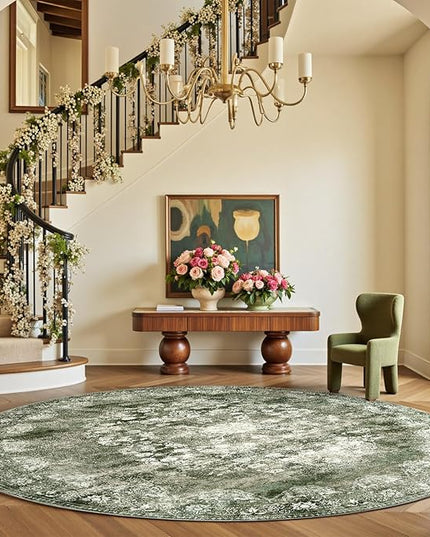 jinchan Round Rug 7ft Area Rug - Green Vintage Floor Mat Kitchen Indoor - Washable Circle 7' Thin Floral Print Christmas Carpet Retro Farmhouse Non Slip Dining Room Living Room Bedroom Office