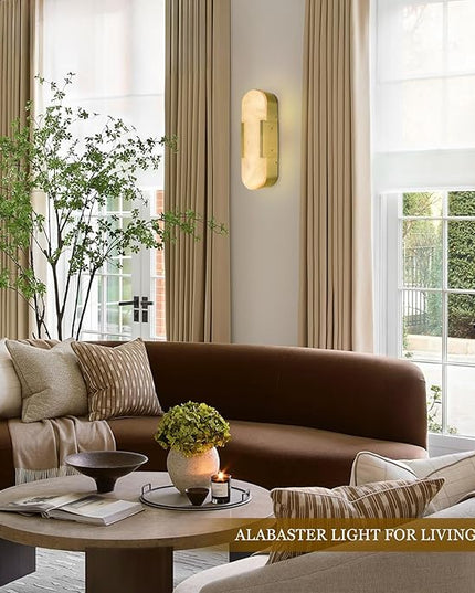 Alabaster Wall Sconce 13.8in Natural Spanish Marble Wall Sconces, Dimmble Gold Modern Bathroom Sconces Vanity Lighting, Antique Brass Sconce Wall Lighting for Living Room, Bedroom, Hallway, Stairs