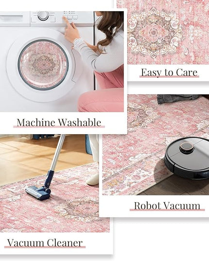 Pink Round Rug 6ft,Large Circle Area Rugs for Living Room Bedroom Dining Room,Washable Boho Vintage Bohemian Distressed Oriental Floral Carpet Non Slip,Blush Floral Flowers
