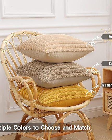 Pallene Faux Fur Plush Throw Pillow Covers 26x26 Set of 2, Luxury Soft Fluffy Striped Decorative Pillow Covers for Sofa, Couch, Living Room, Khaki