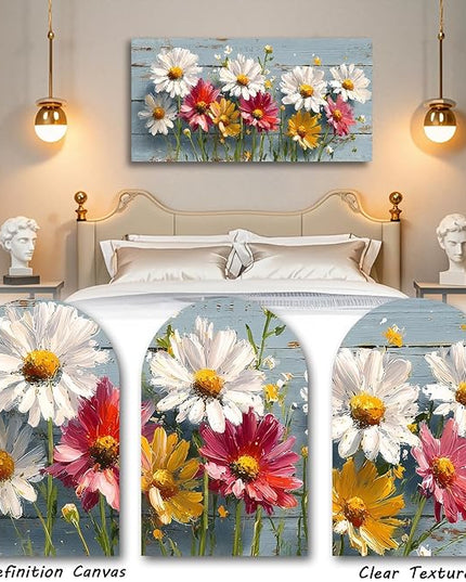 KZKU Rustic Daisy Floral Canvas Wall Art-White Pink Yellow Flowers on Blue Wood Background- Large Modern Farmhouse Decor for Living Room Bedroom24X48in
