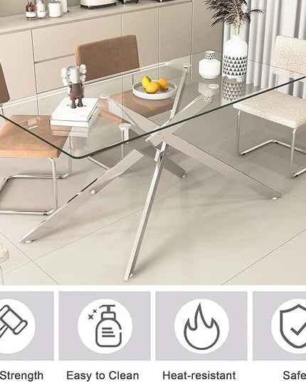 7 Piece Glass Dining Table Set, Glass Kitchen Dining Room Table Set for 6, 61" Modern Rectangular Silver Glass Metal Dining Table with 6 Black PU Leather Dining Chairs for Kitchen Dining Room