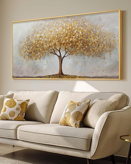 Large Framed Tree of Life Gold Wall Art, Modern Canvas Prints Paintings Artwork for Walls, Luxury Golden Big Tree Pictures for Bedroom Dining Room Fireplace Office Living Room Wall Decor
